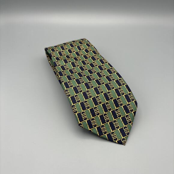 Vtg Paolo Gucci Silk Tie Necktie Green & Blue Made In Italy Gold Chain - Picture 1 of 4